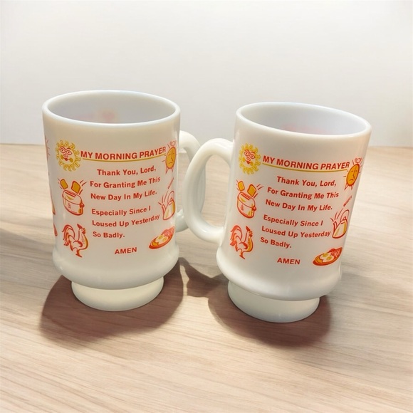 Vintage Other - Vintage Set of 2 Milk Glass My Morning Prayer Pedestal Coffee Mugs Retro Funny